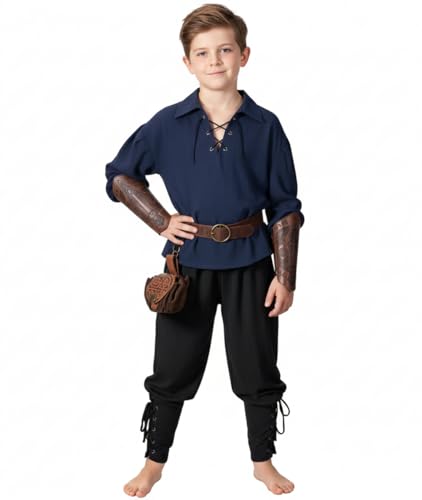 Image of Kids Medieval Viking Pirate Renaissance Tunic Pants Accessories Costume for Boys Cosplay 3-14 Years