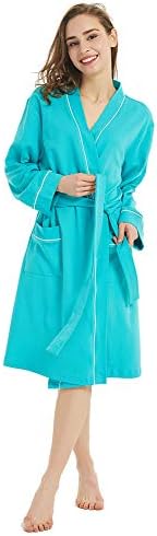 Gutherren Women Kimono Robes Soft Cotton Knit Bathrobe Soft Sleepwear Knee Length V-Neck (Baltic Blue L)