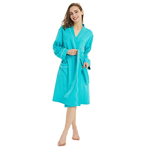 Gutherren Women Kimono Robes Soft Cotton Knit Bathrobe Soft Sleepwear Knee Length V-Neck (Baltic Blue L) #TOP11