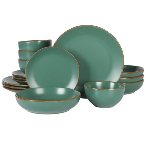 Image of Gibson Home Hazeltine 16-Piece Green Stoneware Dinnerware Set - Plates and Bowls, Durable Ceramic Kitchen Dinner Set