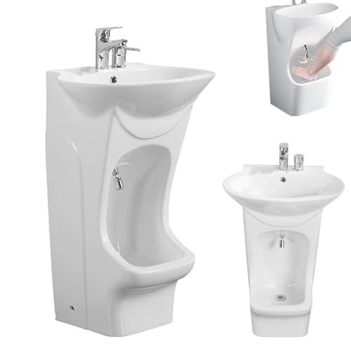 2 in 1 Ablution Basin, Ceramic Ablution Wudu Wash Basin with 360 Degree Tap, Muslim Vertical Washbasin with Foot Washing Space ith Full Set of Accessories, Dual Level Washer