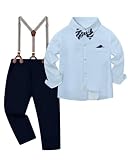 DISAUR 2t Baby Formal Outfit Boy White Print Dress Shirt Navy Blue Suspender Pants Easter Suits for Boys 18-24 Months
