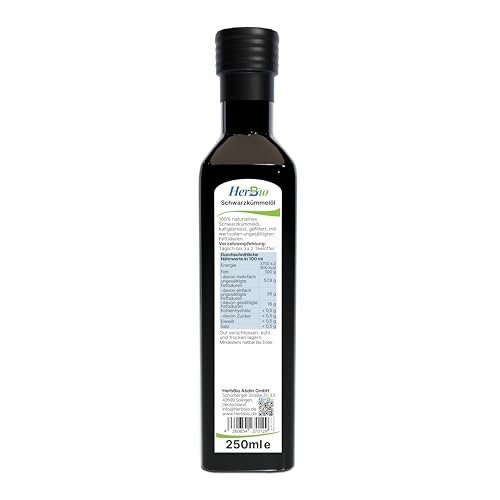 HerbBio Schwarzkümmelöl 250ml gefiltert, reich an THYMOCHINON, schonend kaltgepresst in Rohkostqualität, 100% naturrein, täglich mühlenfrisch, Made in Germany