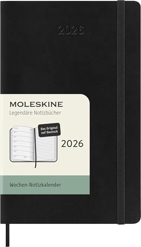 Moleskine Wochenplaner, Wochenagenda 2026 12 Monate mit Platz für Notizen, Deutsche Sprache, mit weichem Einband und Gummibandverschluss, Pocket-Format 9x14, Farbe Schwarz