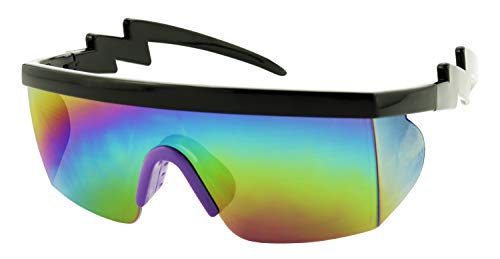 ShadyVEU Semi Rimless Neon Rainbow Sunglasses Mirrored Lens UV Protection 80s Retro Rave Shades Crooked ZigZag Bolt Arm