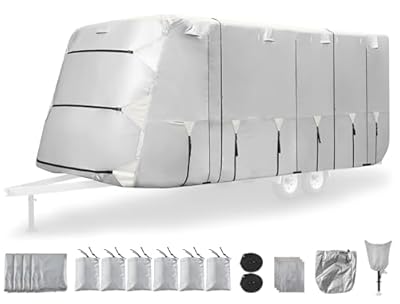 30-33FT 300D Oxford Travel Trailer RV Cover, Waterproof, Windproof, Rip-Stop Anti-UV Camper Cover, RV Tarp for Winter Snow,with Adhesive Repair Patches, 2Pcs Extra Straps & 4 Tire Covers