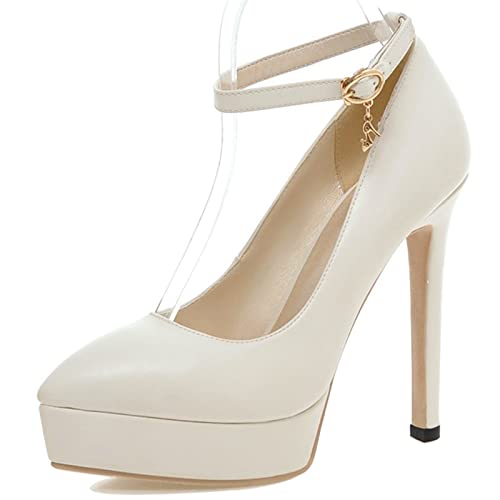 Lizoleor Mujer Correa De Tobillo Boda Vestido Noche Tacón De Aguja Pump Puntiagudo Formal Tacón Alto Plataforma Prom Zapatos Beige Talla 34 EU