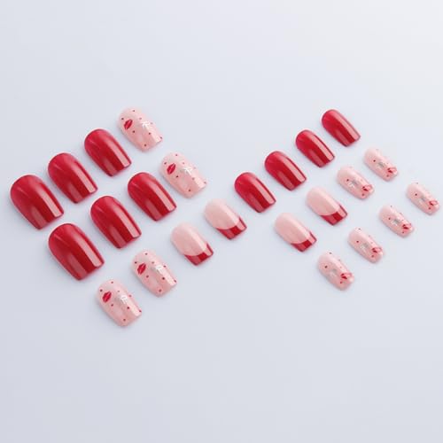 Image of Red Press on Nails Heart Fake nails French Tip Glue Glossy Full Cover Nail Press ons Short Square Stick on Nail for Women Girls Manicure 24Pcs