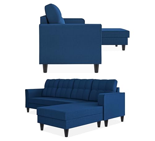 Image of Adorn India Maddox Tufted L Shape 5 Seater Sofa Chenille Sofa Set RHS (Blue) (3 Year Warranty)