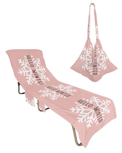 Pink Snowflake Christmas Beach Lounge Chair Towel Cover, Soft Chaise Lounge Towel with Side Pockets Patio Pool Chairs Cover for Beach/Pool Sunbathing 29x85 Hello Winter Snowflake