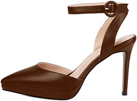 AMBELIGHT Women's High Heel Dress Ankle Strap 4 Inch Pointed Toe Buckle Evening Stiletto Solid Matte Pumps Shoes Brown Size 8 - Zapatos de Tacon | Image 1