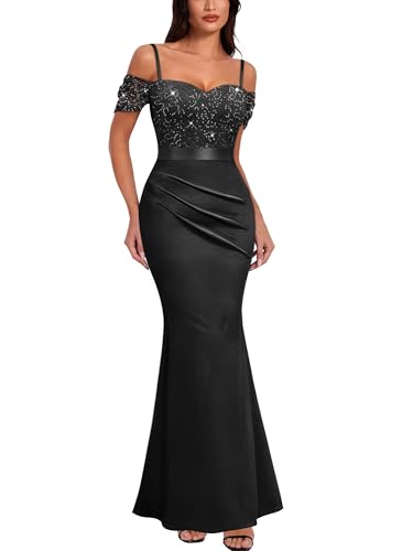 Image of Miusol Women's Elegant Sequin Lace Spaghetti Straps Formal Satin Maxi Dress