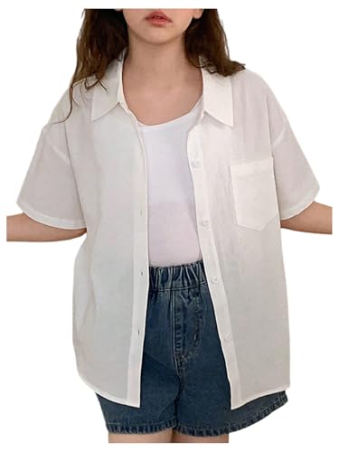 SweatyRocks Girl's Oversized Button Down Linen Shirts Short Sleeve Blouse Tops with Pocket