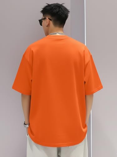 Image of LEOTUDE Classy Look Half Sleeve Cottonblend Front Printed Round Neck Drop Shoulder Oversized Tshirt for Man (Color Orange)
