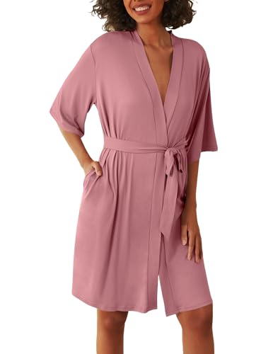 Image of Ekouaer Short Robes for Women Lightweight Kimono Robes Knit Bathrobe Soft Sleepwear with Pockets S-XXL