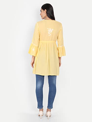 Image of indiankala4u Lucknow Chikankari Hand Embroidered Fit and Flared Top, Short Kurti for Women, Modal Cotton