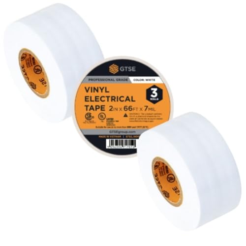 Image of GTSE Wide White Electrical Tape, 3-Pack - Waterproof, Industrial Grade Vinyl, 2 in x 66ft- Strong Self-Adhesive PVC Electric Tape for Wire Insulation, 7 Mil, 600V - UL /CSA Listed