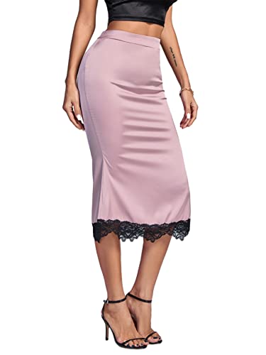 Umenlele Women's Elegant Satin Silk High Waist Lace Trim Bodycon Pencil Midi Skirt Pink Small #TOP2