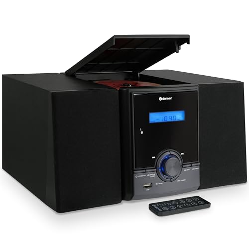 Denver MDA-285 – Système Audio Compact Dab+/FM + CD + Bluetooth + USB, Double Alarme, Sleep/Snooze, Radio 60 Stations, 2 x 50 W – Noir