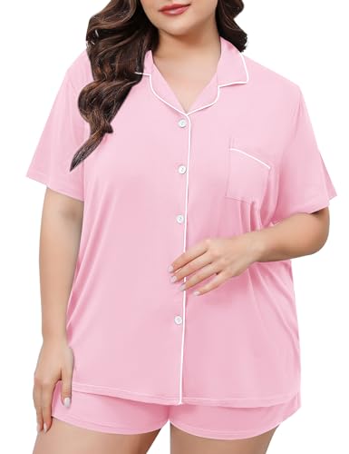 Image of SWOMOG Women's Plus Size Pajamas Set Button Down Tops Short Sleeve Sleepwear Soft Pajama Shorts 2 Pcs Lounge Sets With Pocket