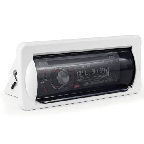 Image of Herdio Water-Resistant Marine Stereo Cover - Heavy-Duty Smoke-Colored Boat Radio Protector with Flip-Up Door, Spring-Activated Release, and Included Mounting Gasket（White）