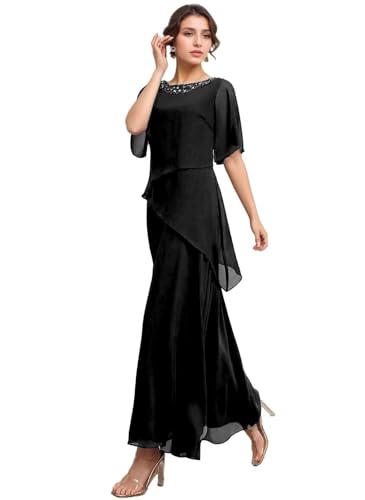 Long Mother of The Bride Dresses for Wedding Short Sleeves Chiffon Pleated Formal Dress for Women 2025