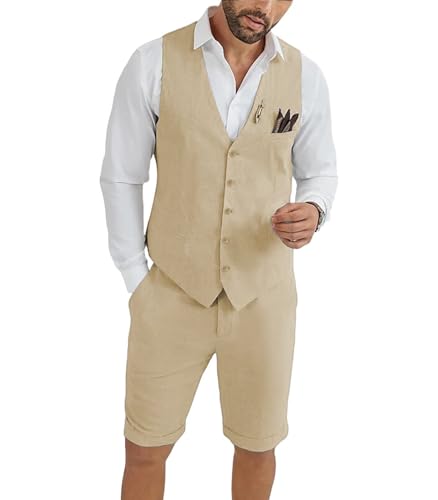 Mens Summer Linen Suit 2 Piece Slim Fit Short Suits for Men Beach Wedding Casual Linen Vest Shorts