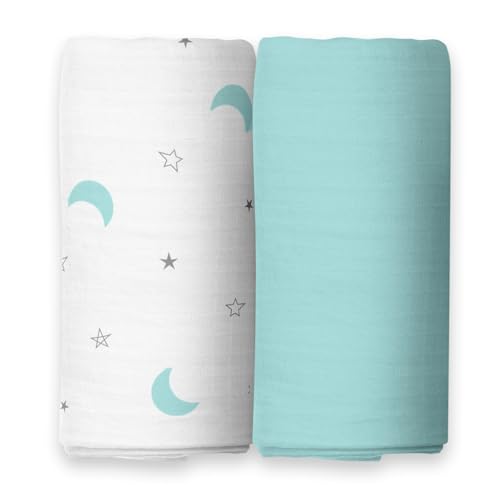 Image of The White Cradle Baby Nursery Swaddle Blanket Wrap 2pcs Pure Organic Cotton Double Layer Muslin Cloth - STERILISED for Your Child's Protection - Super Soft, Absorbent, Large 112x112 cm - Moon & Blue