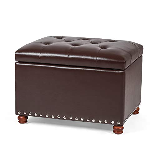 24'' Ottoman with Storage, Upholstered Storage Ottoman Stool, Faux Leather Small Cube Footstools, Hinged Foot Rest Stool for Living Room Bedroom, Red Brown