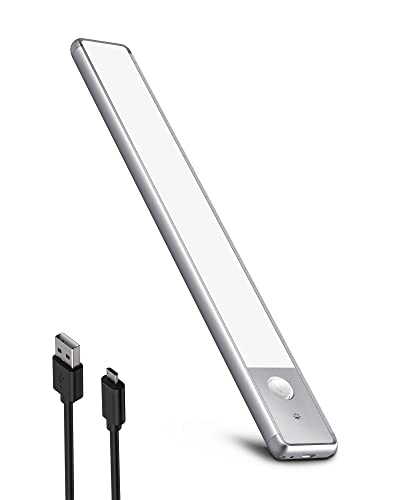 EZVALO LED Closet Light, 52 LEDs Under Cabinet Lighting Rechargeable, Magnetic Motion Sensor Light Indoor, Dimmable Battery Operated Lights for Cupboard Wardrobe Hallway Stairs, Aluminium, 11.8'