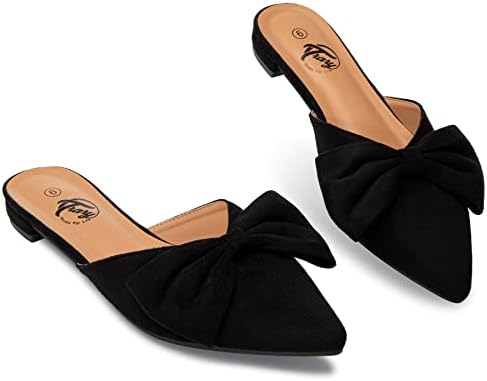 Trary Mules for Women Flats, Bow Pointed Toe Womens Shoes Dressy Casual, Black Mules, Business Casual Shoes for Women, Flats Shoes for Women, Slip On Flats for Women Dressy Comfortable-Black Suede