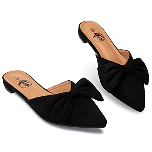 Trary Mules For Women Flats, Bow Pointed Toe Womens Shoes Dressy Casual, Black Mules, Business Casual Shoes For Women, Flats Shoes For Women, Slip On Flats For Women Dressy Comfortable-Black Suede #TOP3