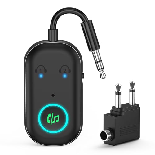 Bomivoi Bluetooth 5.3 Transmitter Receiver, Airplane Bluetooth Adapter for 2 Headphones, Wireless Audio Adapter for Car, Hand-Free Call, Max 16H, 3.5MM AUX Jack on Travel Flight, TV, Car Stereo, Gym