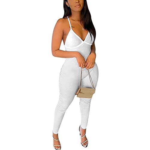 Image of Shevog Trousers Jumpsuit Playsuit for Women Sexy Sleeveless V Neck Backless Pants Romper (White, UK 6-8 /Tag S)