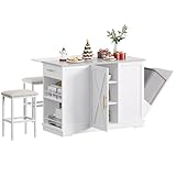 YITAHOME Kitchen Islands with Seating, 47' Mobile Storage Island with Trash Can, Rolling Kitchen Island Cart with Drop Leaf & Stainless Steel Countertop, Bar Table with 2 Stools, Spice Rack, White