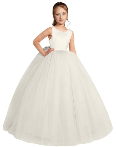 Elegant Satin Tulle Flower Girl Dresses for Wedding V Back Bow-Knot Pearls Princess Pageant Ball Gown