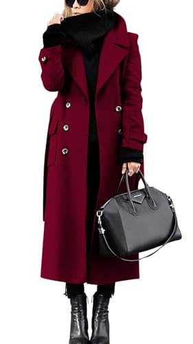 chouyatou Women's Winter Double Breasted Wool Coat Business Casual Long Winter Pea Coat with Belt (Medium, Red)