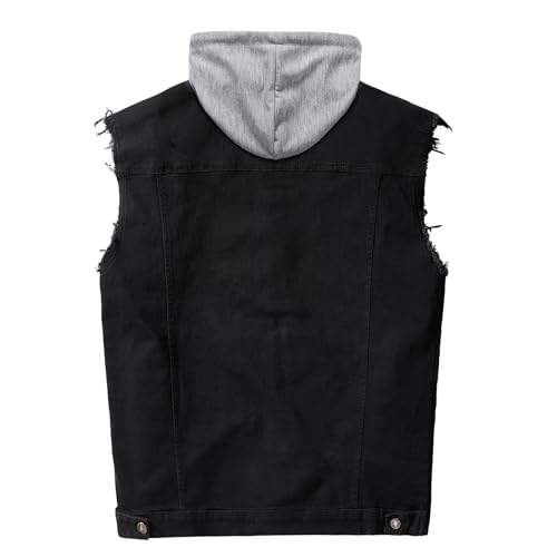 Men's Denim Vest Casual Button Stretchy Distressed Jean Sleeveless Jacket with Hood2