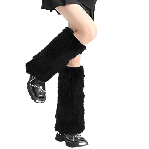 MUNSKT 40cm Fuzzy Leg Warmers Faux Fur Fluffy Boots for Women Warm Y2K Christmas Boot Cuffs for Music Party Costumes (Black One Size)
