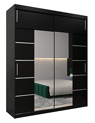 ABIKSMEBLE Verona 4 200 Armario 2 Puertas Correderas para Dormitorio - Armario Moderno con Espejo, Barra y Estantes - 200x240x62 cm (Ancho x Alto x Fondo) - Negro Mate con Extensión