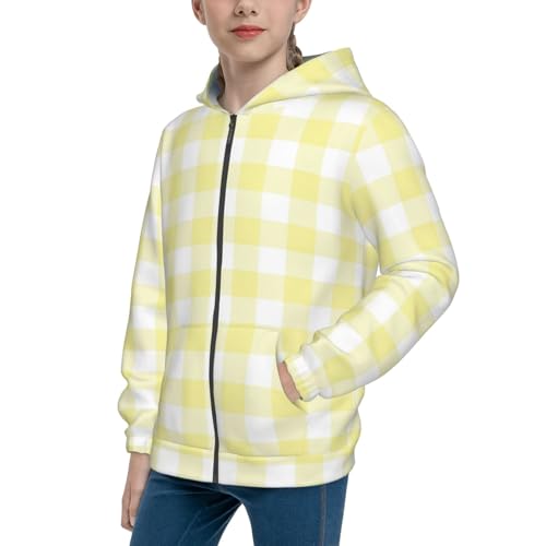 Lemon Yellow Checkboard Kids Pullover Hoodies Boys Zip Up Sweatshirts Girls Athletic Clothes with Pocket