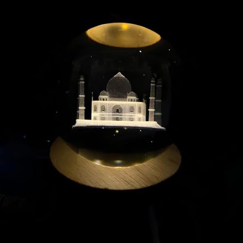 Image of 3D Crystal Ball Night Light with Wooden Base, Aesthetic Clear LED Lamp for Home and Bedroom Touch Switch, Warm Light for Kids and Teens Perfect Birthday & Anniversary (Taj Mahal)