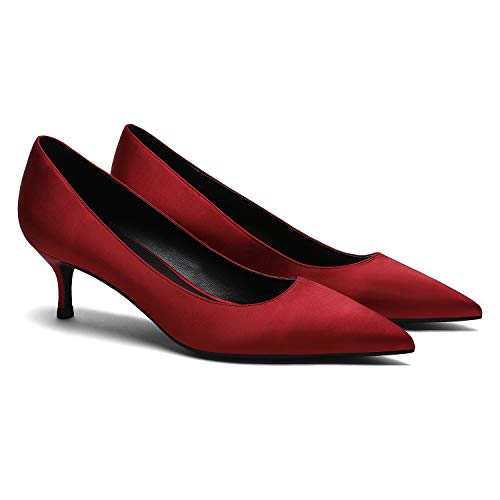 MOOMMO Kitten Heel Pumps Pointed Toe Satin Slip On 2 Inch Mid Heel Dress Shoes Classic Work Pumps for Office Ladies Wedding Bridal Party 4-13 M US