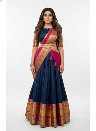 Image of RENVAANI Women's Traditional Kanjivaram Kanchipuram Silk Unstitched Lehenga Choli with Dupatta (PGREEN MAROON)