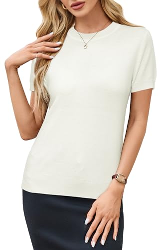 Image of Arach&Cloz Women's Lightweight Wool Blend Short Sleeve Sweater Top Business Casual