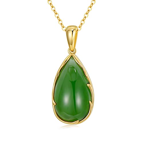 Blocaci Jade Necklace 14K Gold Green Jade Pendant Teardrop Necklace for Women 16