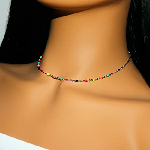 Rainbow Choker Necklace, Stainless Steel Dainty Multi Color Beaded Minimalist Choker Necklace For Women And Teens, Elesea Jewelry - Handmade In Italy (Rainbow, Style 2) #TOP1