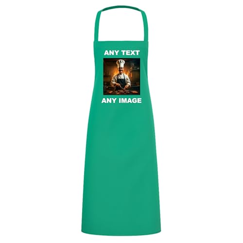 Personalised Apron for Women & Men – Customisable Green Chef Apron with Text & Image, For Cooking, Kitchen, BBQs, Gardening, Art & Crafting – Waterdrop Resistant Unisex Aprons, Durable Polyester