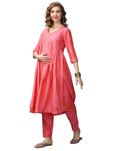 Image of The Mom Store Women's Raw Silk Maternity and Nursing Kurta Set | Front Zipper for Easy Feeding Pre and Post Pregnancy