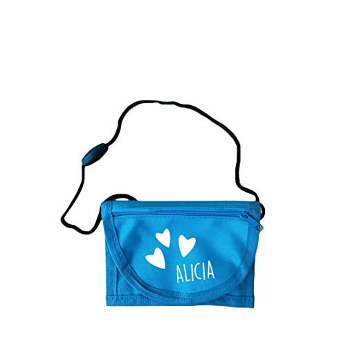 minimutz Geldbörse für Kinder mit Name (hellblau)| Motiv kleine Herzchen inkl. Namensdruck personalisiert & bedruckt | Geldbeutel Jungen Mädchen mit Münzfach zum Umhängen